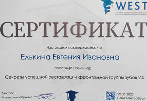 Сертификат участника семинара "Секреты успешной реставрации фронтальной группы зубов 2.0".