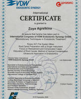 Сертификат за участие в международном конгрессе VDW Endodontic Synergy